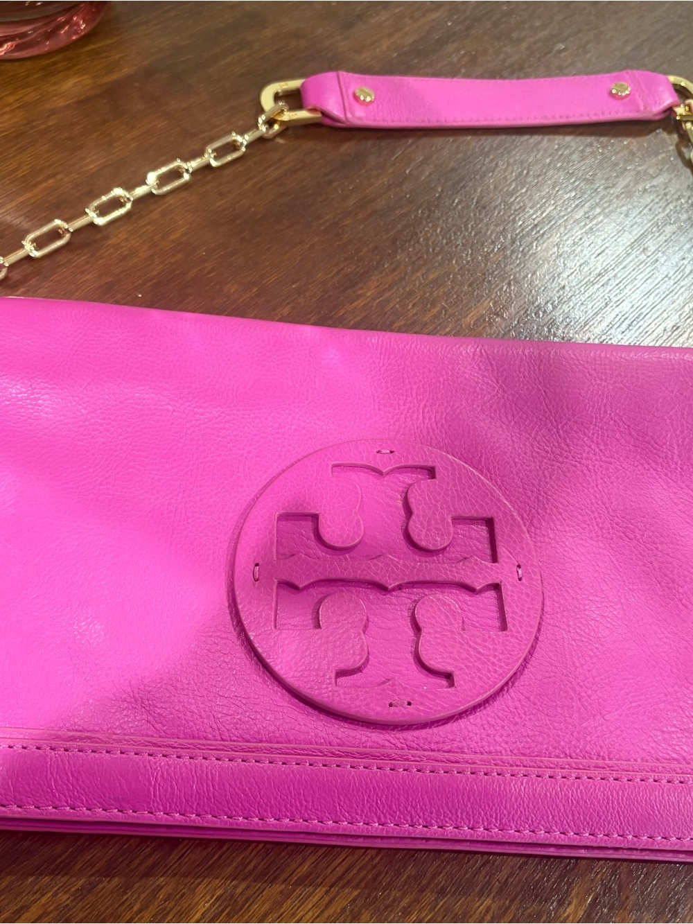 Tory Burch Fuchsia Leather Chain-Shoulder Clutch with Gold Hardware